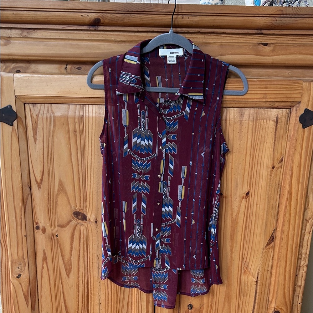 Sans Souci Blouse Aztec Spike Button Up Sheer Sleeveless Boho Top Medium